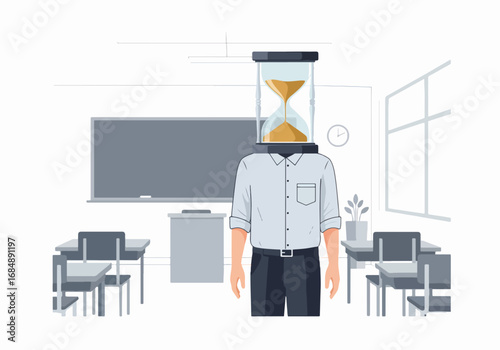 Teacher with hourglass head in classroom. Time is running out with teacher in classroom and school desk. Conceptual teacher in classroom for academic content about time pressure, end of school year,