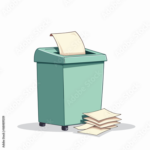 Office paper shredder with sheets being disposed of, stack of discarded papers nearby. Paper shredder processes documents efficiently, highlighting organization and cleanliness in workspace.