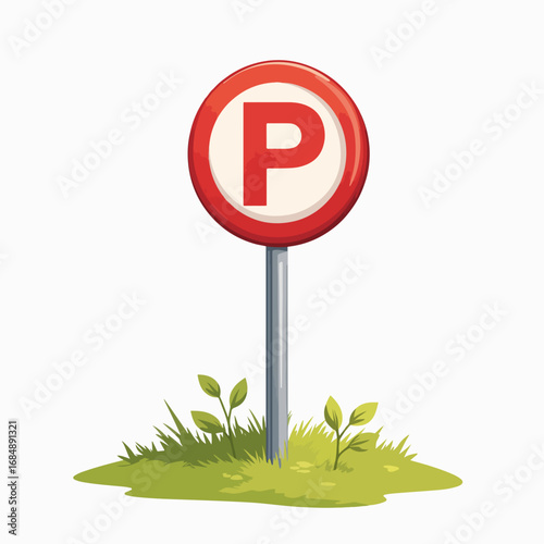 Parking sign with bold letter P on vibrant red background, surrounded by green grass and small plants.