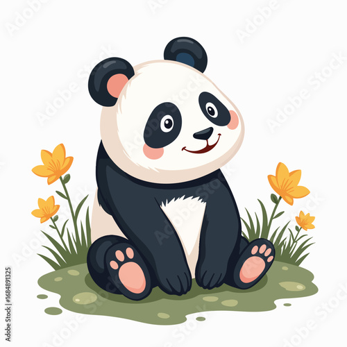 Cute panda illustration sitting in grass with cheerful expression and surrounded by yellow flowers. This adorable panda embodies playful spirit of wildlife and nature.