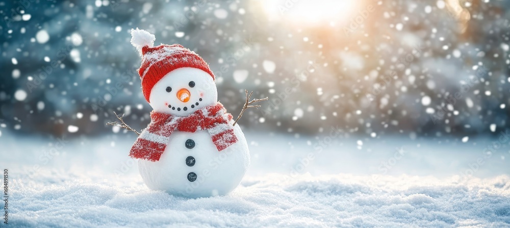 Fototapeta premium Joyful Snowman Celebration in a Winter Wonderland with Sparkling Snowfall and Festive Cheer