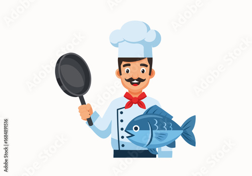 Smiling fish chef with frying pan for culinary arts advertisement. Smiling fish chef smiles next to a pan, showing how he prepares seafood dishes in his kitchen or restaurant.