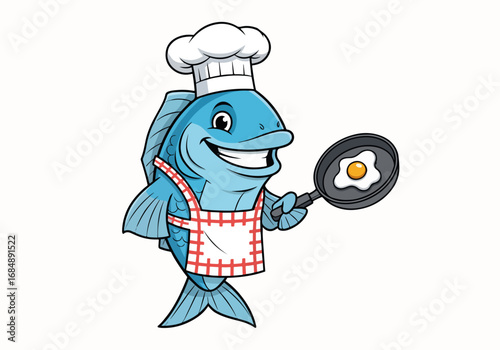 Smiling fish chef holding frying pan with fried egg, ready to serve culinary delight. This smiling fish chef, equipped with professional hat and apron, showcases cooking skill.