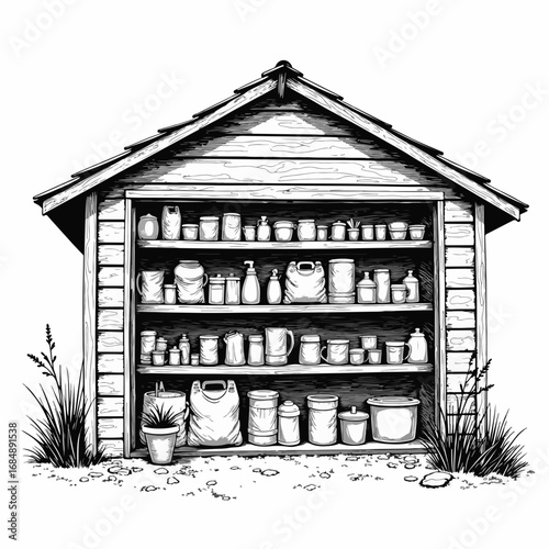 Shed shelves stocked with supplies, a black and white illustration. Shed shelves reveal tidy organization, offering a glimpse into storage solutions and preparation,