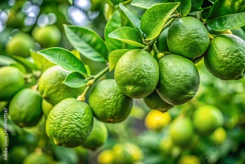 Bunch of green limes hanging from a tree