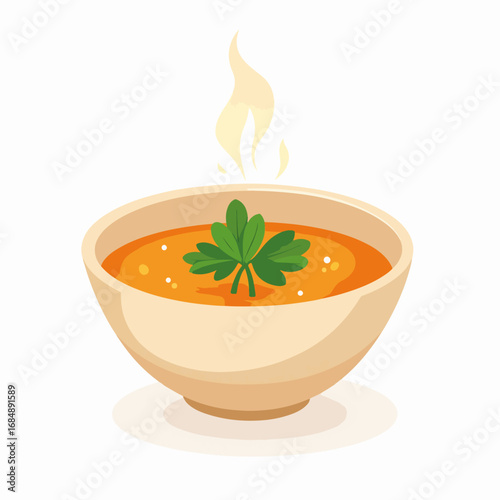 A delectable soup bowl served with fresh parsley, its steam swirling invitingly. This soup bowl contains hearty ingredients, complemented by aromatic fresh parsley,