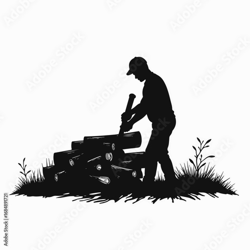 Silhouette of worker stacking firewood on farm, showing rustic life. Stacking firewood manually is hard work in rural settings, and this image captures this process.