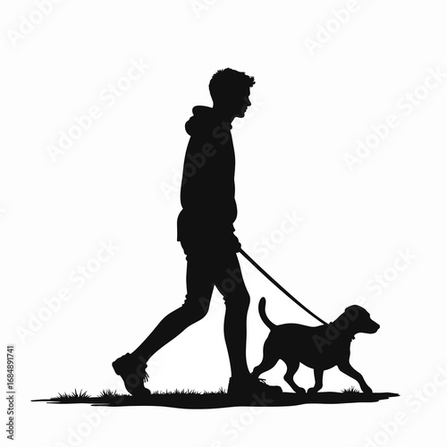 Young person walking dog silhouette in nature, enjoying time outdoors with loyal companion, creates positive atmosphere during leisurely stroll. Concept of companionship and outdoor activity.