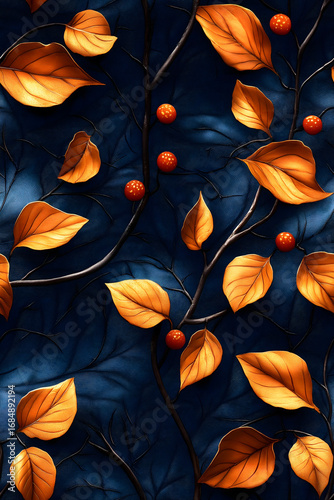 Autumn branches with golden leaves and red berries elegantly stand out on textured dark background.