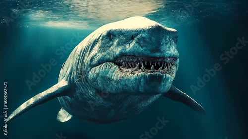 Witness the majesty of a massive prehistoric predator gliding through dark aquatic shadows, showcasing its fierce jaws and ancient beauty in serene ocean depths.