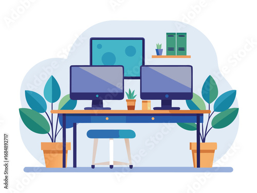 Modern home office setup featuring dual monitors and a comfortable chair