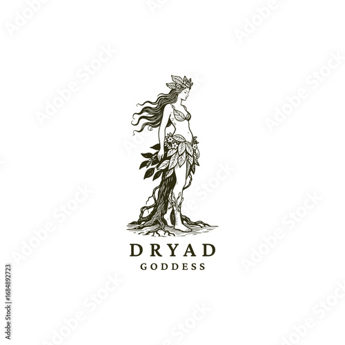 Engraved logo of a dryad, tree spirit woman with roots and branches, mystical nature illustration symbolizing forest goddess and myth.