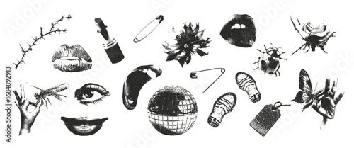 Halftone monochrome stipple elements for grunge punk collage. Compositions with dots texture eye, hand, disco ball, rose, butterfly, footprints, thorns.Photocopy vector illustration for poster, banner