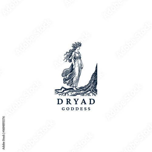 Engraved logo of a dryad, tree spirit woman with roots and branches, mystical nature illustration symbolizing forest goddess and myth.