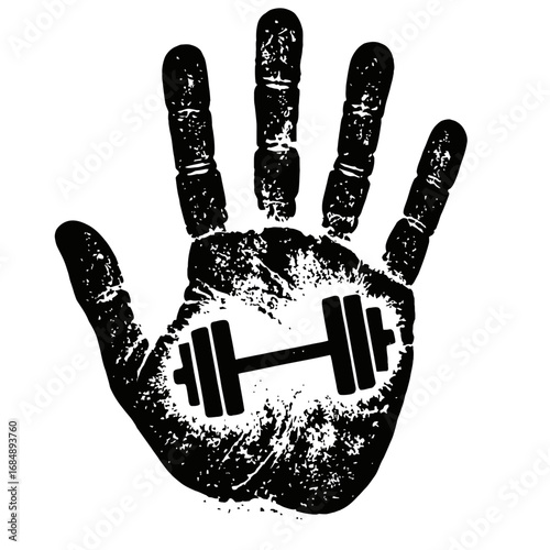 Grungy Handprint with Dumbbell Graphic. Vintage Fitness and Bodybuilding Vector Illustration.