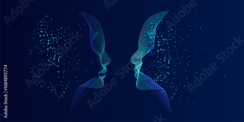 Artificial Intelligence, abstract artistic human head portrait made of dotted particles array, vector software digital visual interface. Digital soul, spirit of technological time.