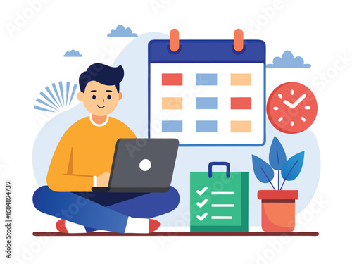 Man using laptop with calendar and checklist to manage time and tasks efficiently