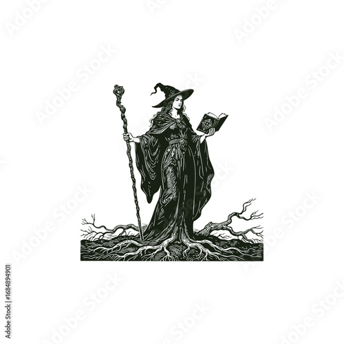 engraved illustration of a mystical sorceress with tree roots for legs, holding a gnarled staff and a spell book
