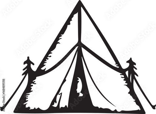 Rustic silhouette of a vintage canvas tent with pine trees evoking outdoor adventure and camping experiences