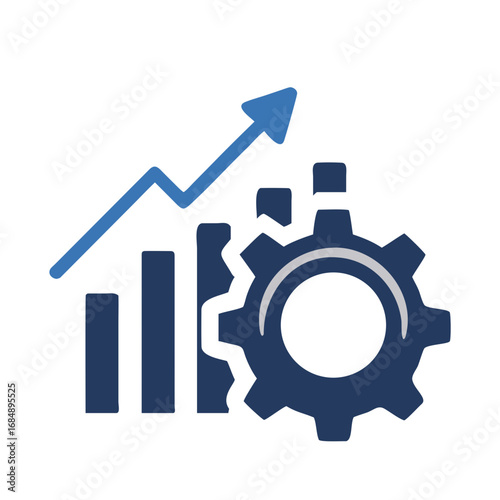 Illustration of a gear, vertical bars, and an upward trending arrow on a white background design