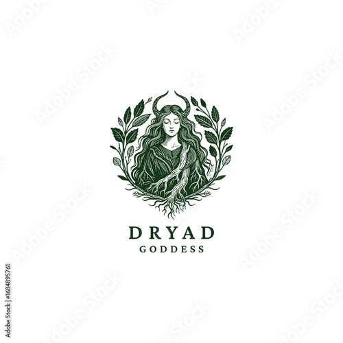 Engraved logo of a mystical woman with horns, surrounded by leaves and roots, symbol of forest goddess and nature spirit