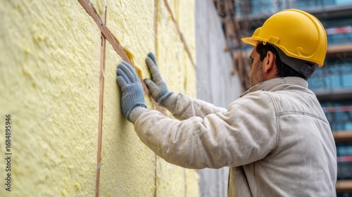 Builder installs polystyrene foam sheets on scaffolding for thermal insulation on exterior wall of a construction site