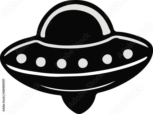 Retro style black and white UFO flying saucer icon with glowing windows and a dome top