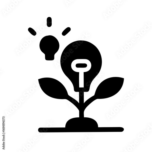 Black silhouette illustration of a lightbulb plant sprouting from the ground with a small bulb nearby