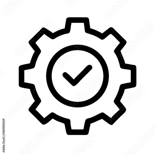 Black gear outline with a checkmark inside a circle in the center of the gear illustration icon