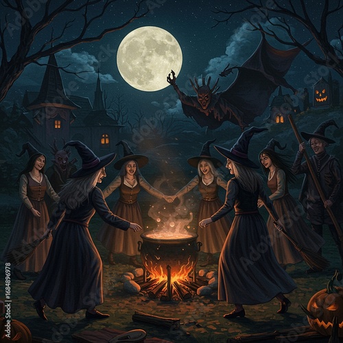 Witches gleefully dance around bonfire, celebrating Halloween under bright moon. chilling atmosphere with spooky figures in shadows adds mystery