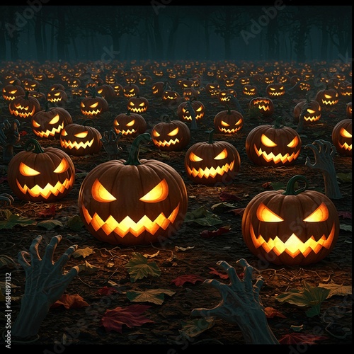Decaying pumpkins stretch into darkness, casting an eerie glow across patch, evoking sense of foreboding and anticipation for Halloween night