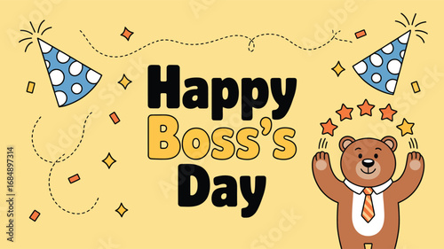 Boss’s Day celebration illustration with cartoon bear in orange-striped tie, party hats, confetti, and bold typography on festive background