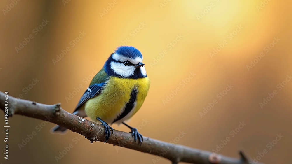 Fototapeta premium Blue tit perches on branch with warm golden backdrop. 