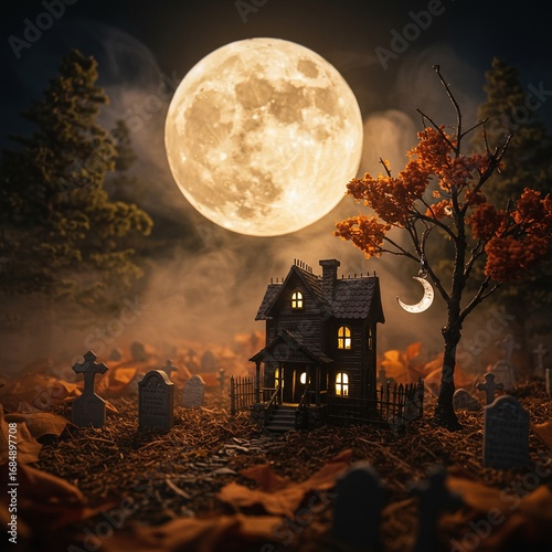 Miniature haunted house nestled amongst autumn leaves, evoking spooky, whimsical feeling