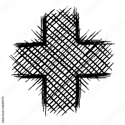 Hand-Drawn Black and White Hatched Cross - Abstract Scribbled Vector for Health, Medical, and Plus Sign Concepts