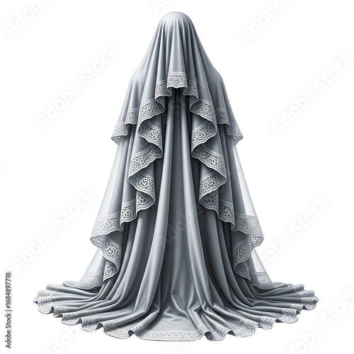 Elegant Grey Drapery with Lace Details  Flowing Fabric Texture on a Black Background