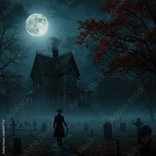Spooky haunted house under full moon casts long shadow across graveyard, creating an eerie and unsettling atmosphere