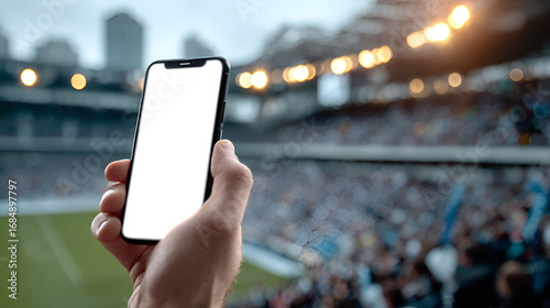 Modern Smartphone Mockup in Hand at Stadium with Crowd Detail View. Ai Generated Images