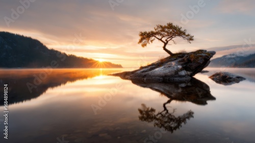 A serene landscape of a solitary tree positioned on a rock amidst still water, reflecting a stunning sunrise, embodying tranquility and the beauty of nature.
