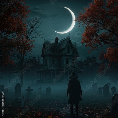 Spooky silhouette of haunted house under radiant full moon evokes sense of eerie mystery and thrilling anticipation