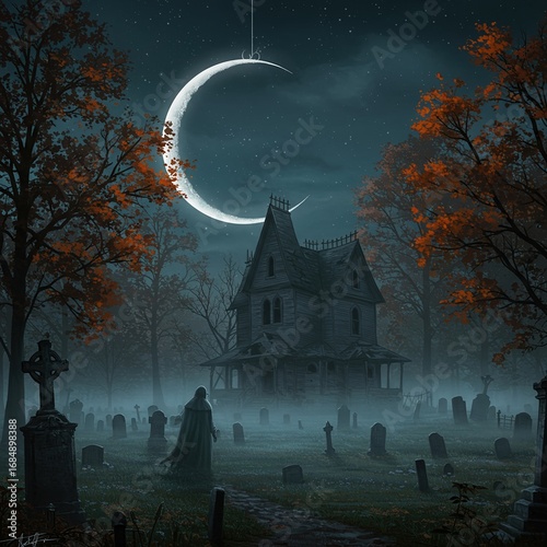 Crescent moon shining over spooky house spectral figure stands among graves, creating chilling and eerie ambiance