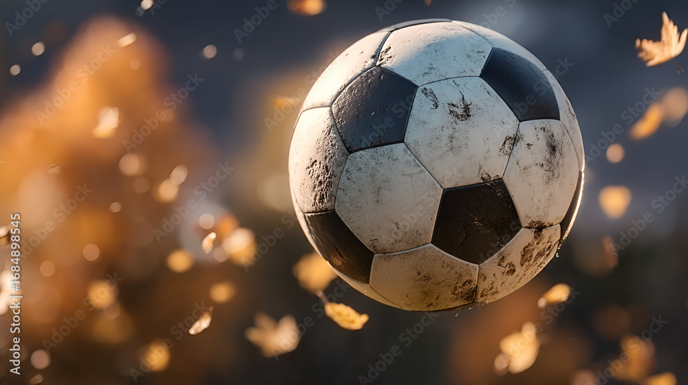 Fototapeta premium Artistic Soft Focus Soccer Ball with Autumn Leaf Debris Sport Object. Ai Generated Images