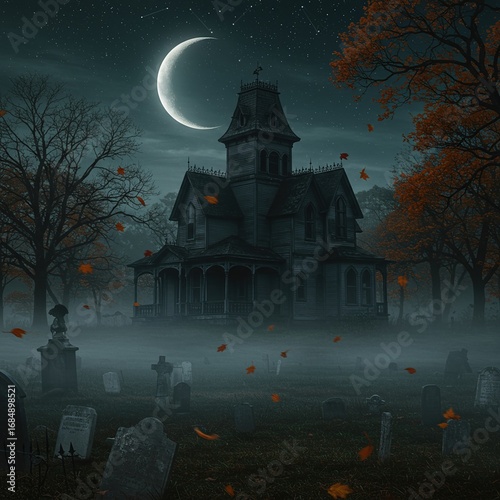 Spooky haunted house bathed in moonlight evokes chilling and mysterious atmosphere. dark silhouette against night sky inspires feelings of unease and fear