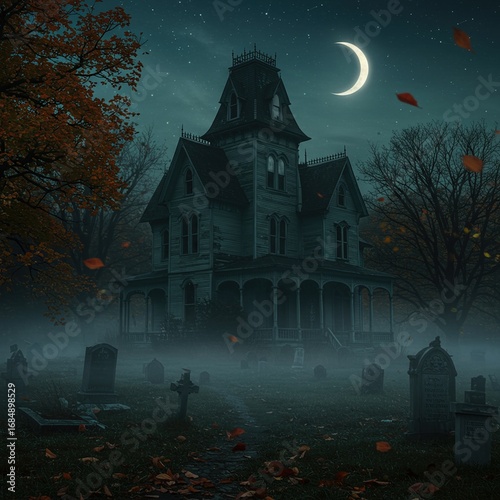 Eerie haunted house stands silhouetted under crescent moon, radiating chilling and unsettling atmosphere amidst darkness of night