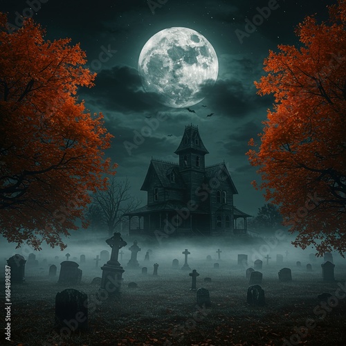 Eerie night sky looms over haunted house casting long shadows across foggy graveyard, with malevolent moon, creating chilling ambiance