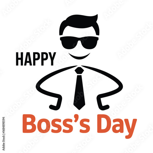 Boss’s Day cartoon illustration with confident figure in sunglasses and tie, bold typography, and decorative stars on clean background