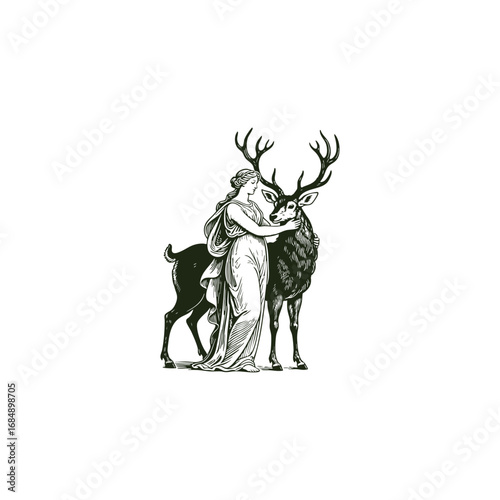 Engraved vintage illustration of a graceful woman with a flowing dress standing beside a majestic deer with large antlers, classic mythology style