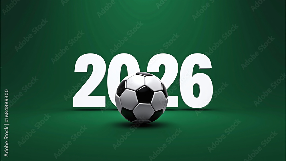 Obraz premium Classic soccer ball fronts bold 2026 on green backdrop. 