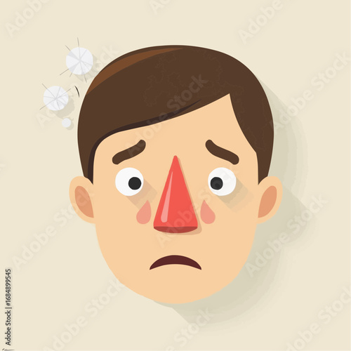 Flat vector illustration of man with hay fever symptoms and pollen cloud  