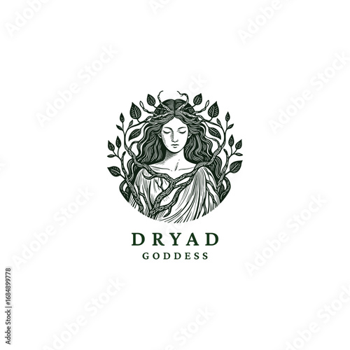 Engraved logo of a mystical woman with horns, surrounded by leaves and roots, symbol of forest goddess and nature spirit